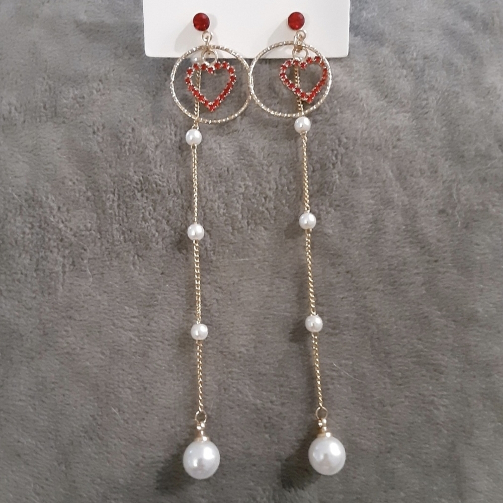 Crystal Rhinestone Heart & Pearl Chain Dangle Drop Earrings Love Valentine New - Picture 2 of 7